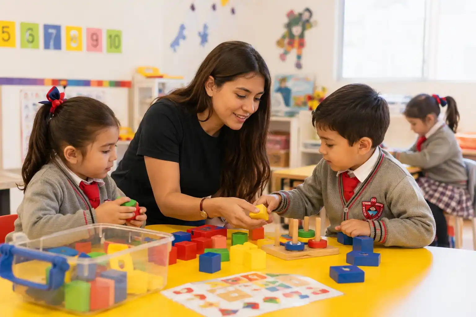 Maestra de kínder del Colegio Edison con dos niños en actividad