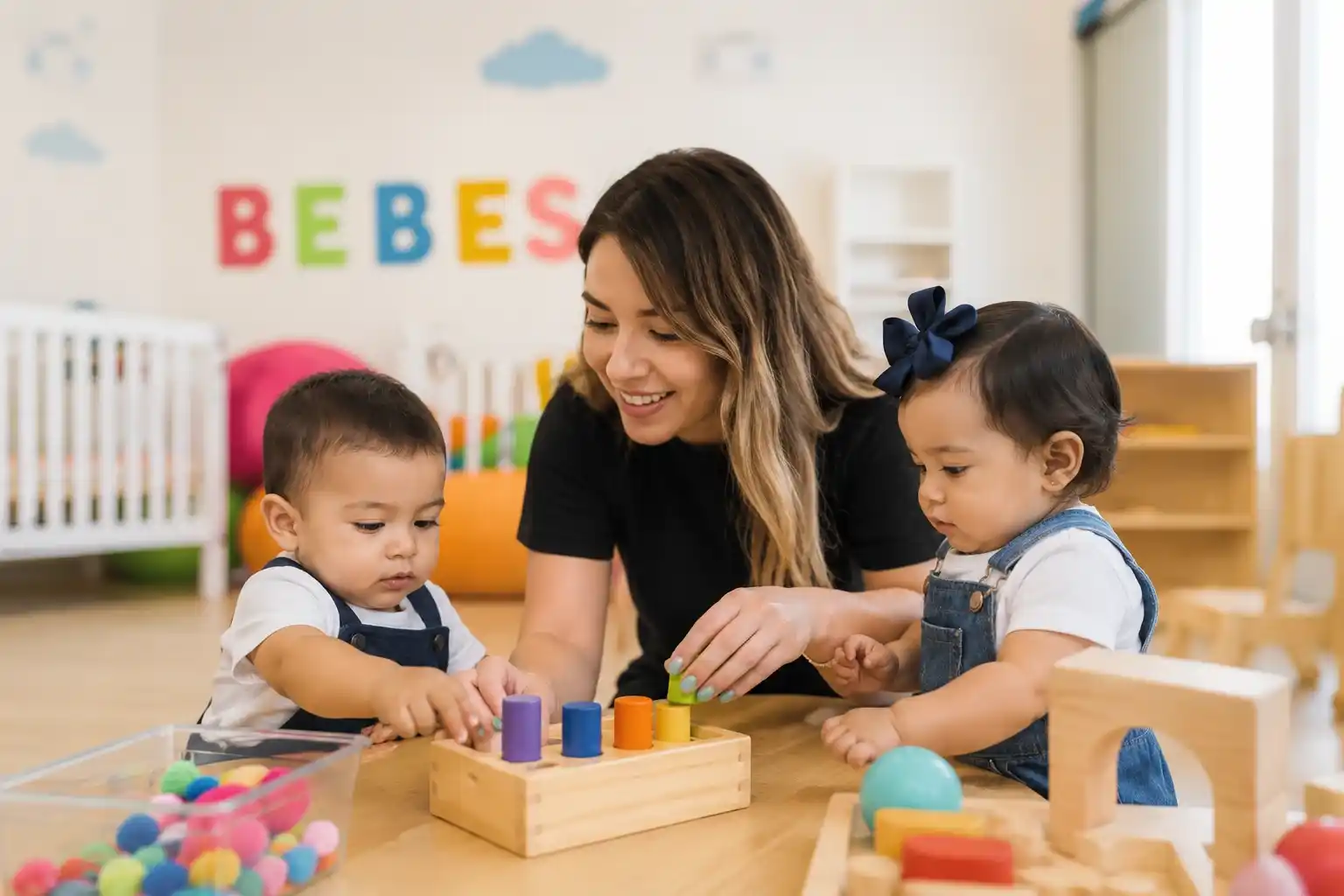 Maestra de maternal del Colegio Edison acompañando a dos bebés