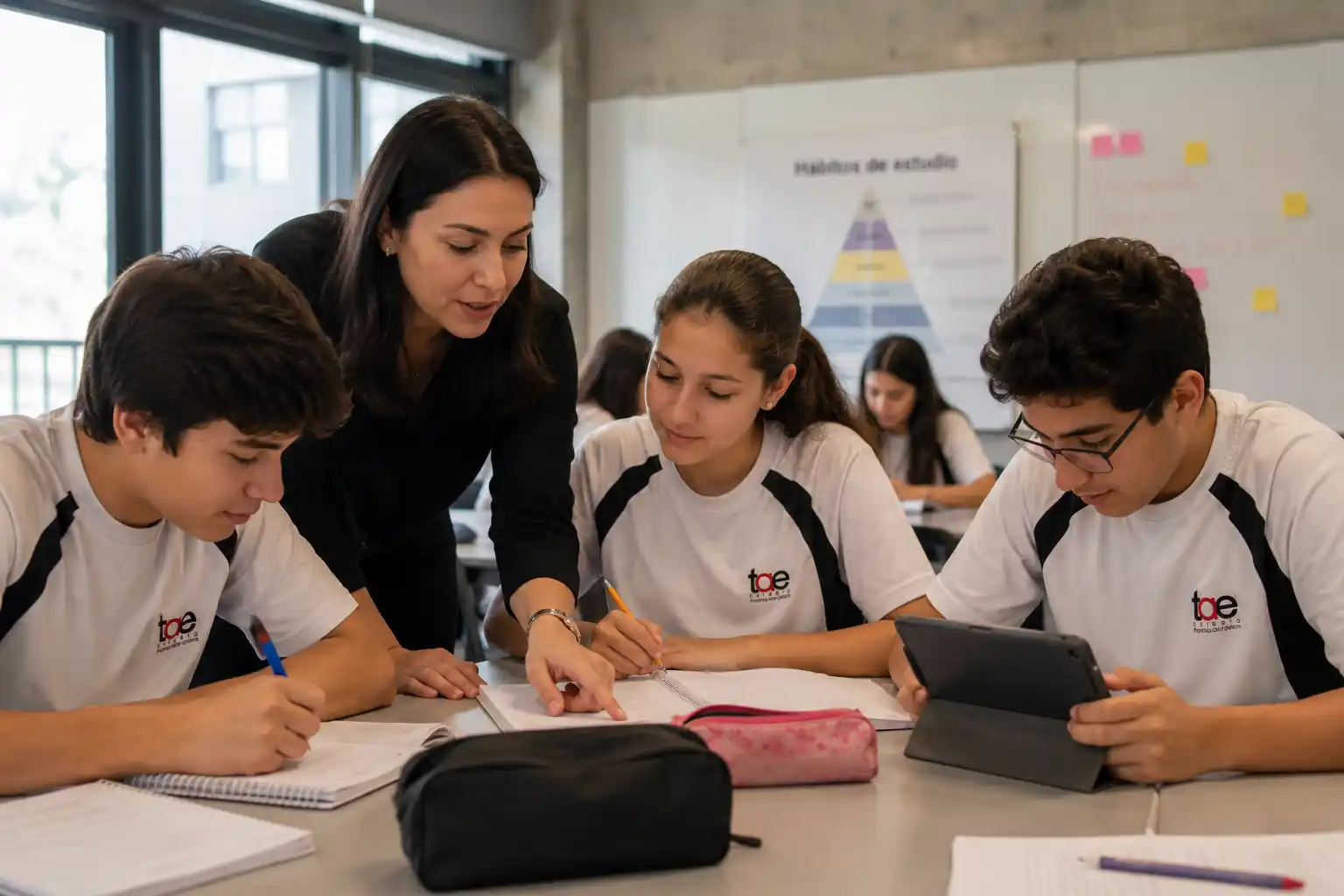 Maestra del Colegio Edison con tres alumnos de secundaria